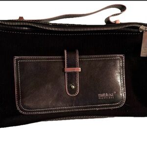 Montreal designers Matt & Nat black vegan leather & pink piping, top handle bag.